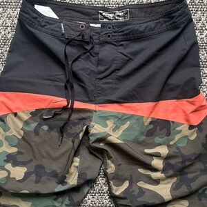 O'Neill Black and Camo Shorts with Red Accent